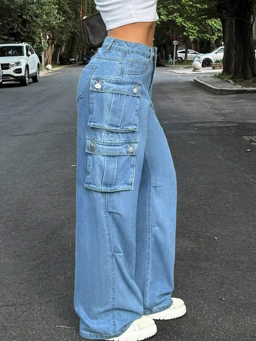 High-Waisted Wide Leg Cargo Denim Pants For Women