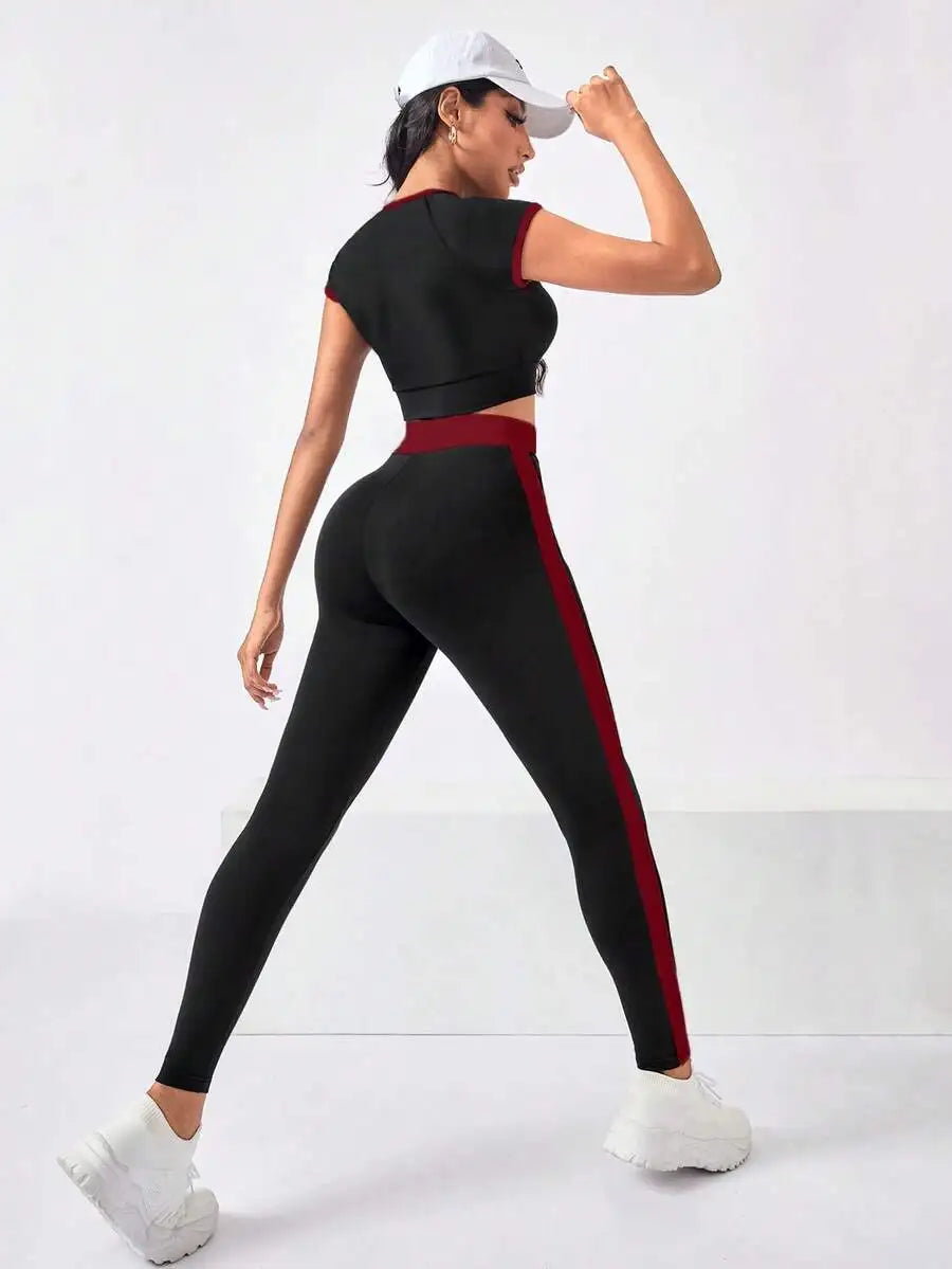 Contrast Color Short Sleeve Crop Top And High Waist Leggings Sport Set For Women