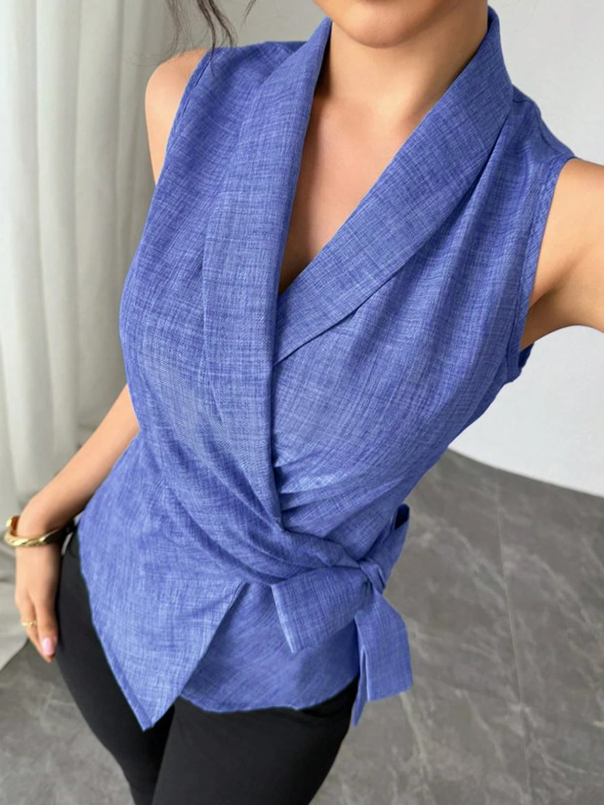 Womens Sleeveless V Neck Wrap Blouse With Adjustable Tie Waist
