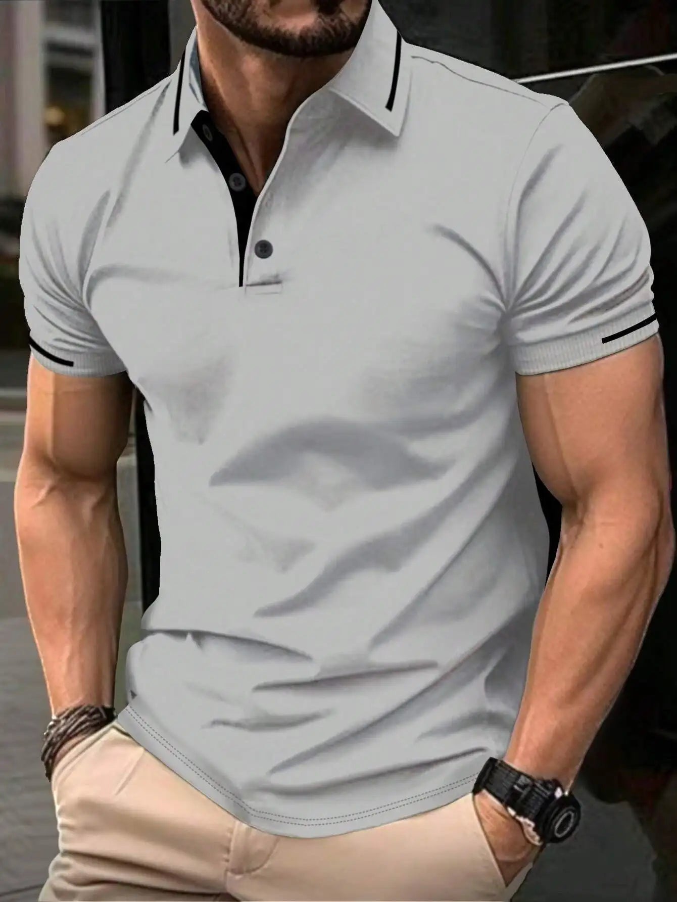 Navy Blue Men's Polo Shirt with Red Trim Collar and Cuffs, Short Sleeve Casual Summer Top