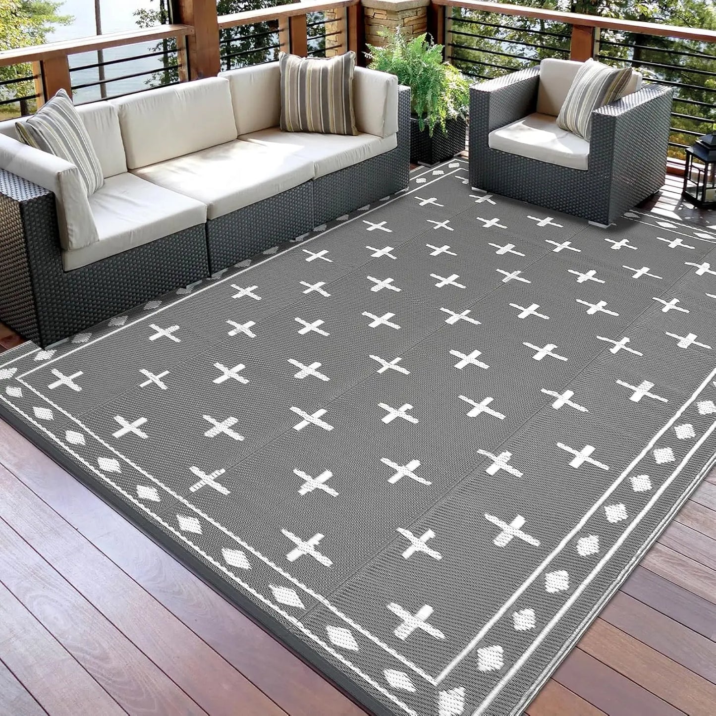 Outdoor Rug, Reversible Waterproof Plastic Straw Patio Mat with Geometric Border Design, Large RV Camping Rug for Deck, Balcony