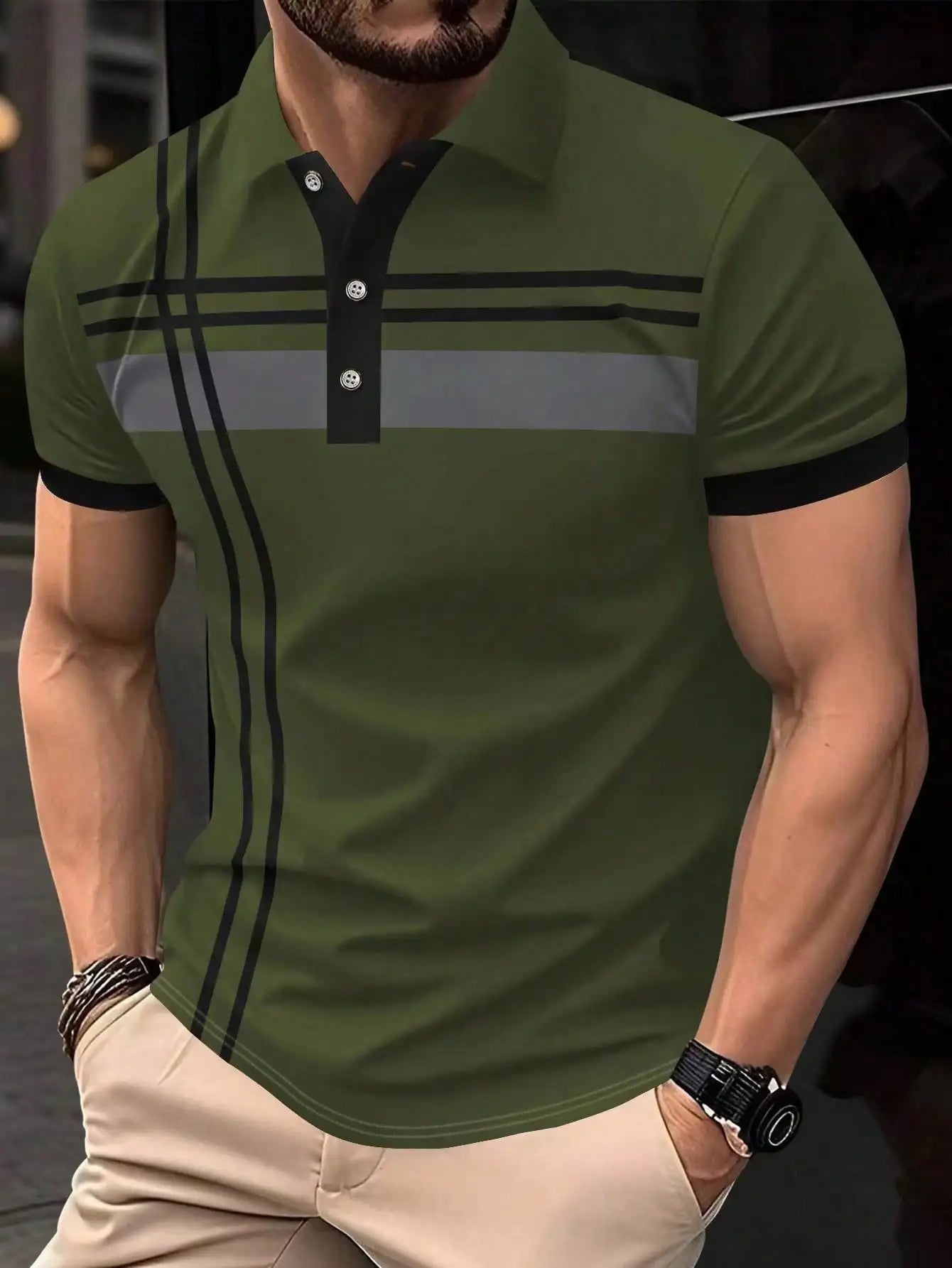 Men's Red Short Sleeve Polo Shirt with Black and Gray Stripe Contrast Trim