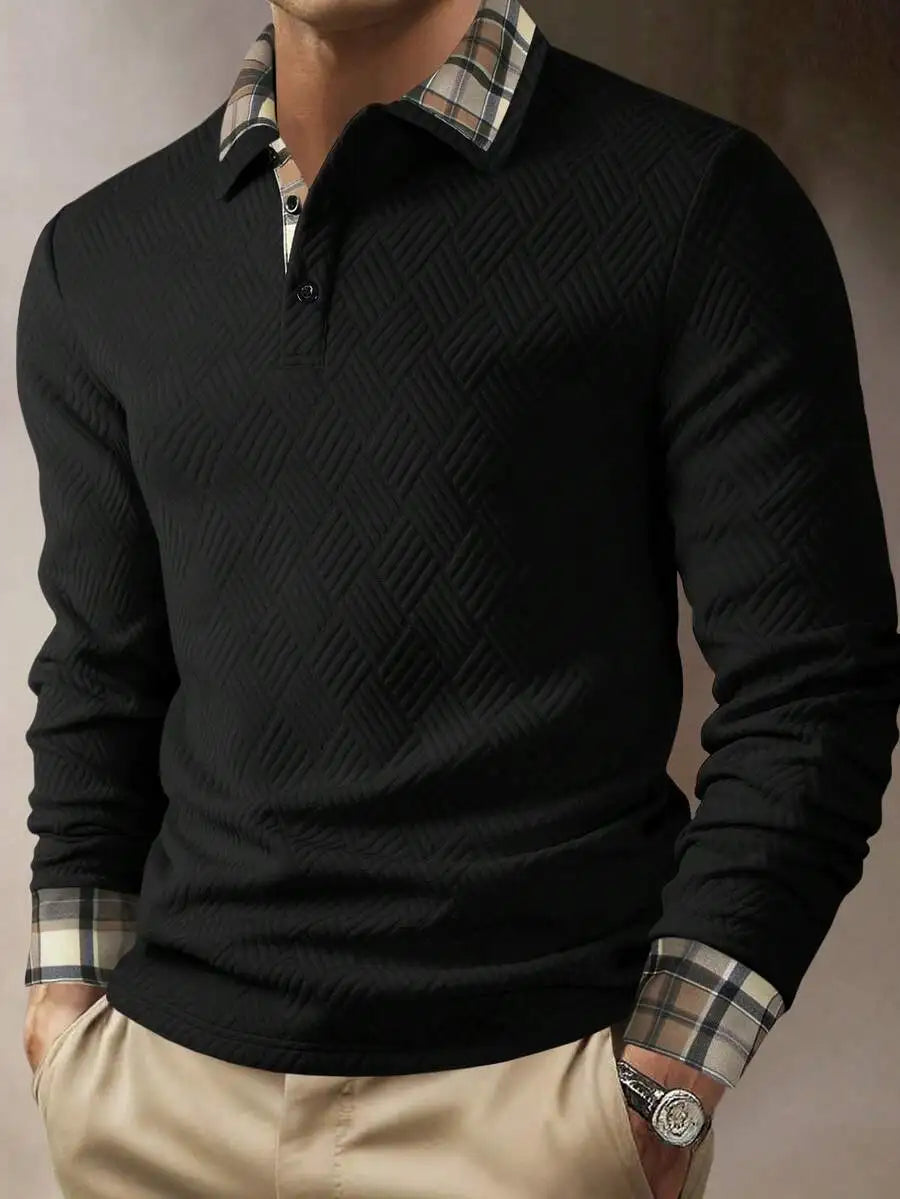 Men's Long Sleeve Textured Knit Polo Shirt - Solid White, Casual Business Wear