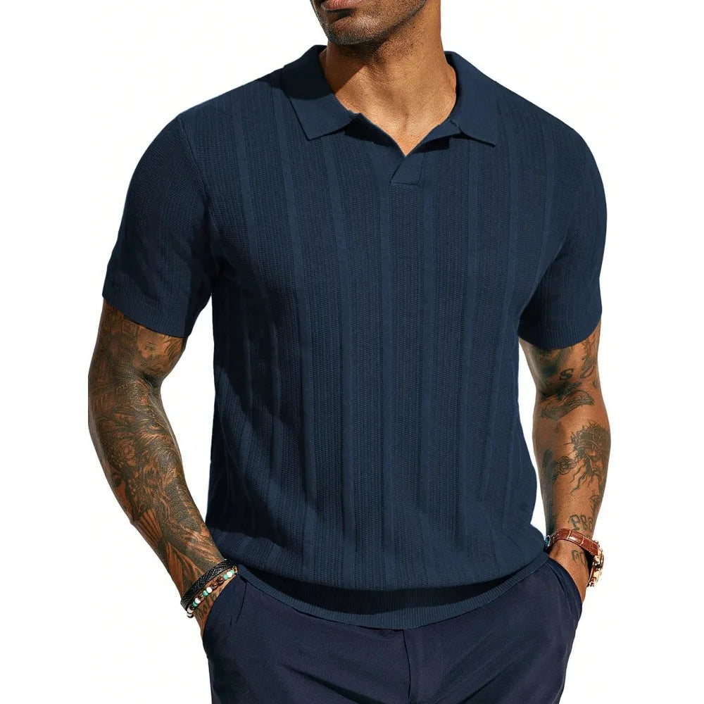 Men's Navy Blue Short - Sleeve Knitted Polo Shirt - Vertical Ribbed Pattern - Comfortable And Stylish For Daily And Smart - Casual Wear