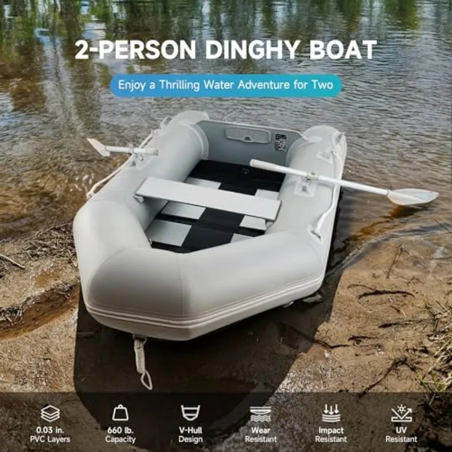 7.5ft Heavy Duty Inflatable Boat with Aluminum Floor Oars - 2 Person 660lb Capacity Dinghy for Fishing/Towing Includes Pump Tra