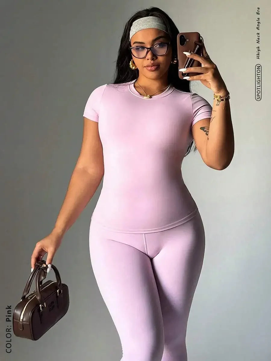 Cloud-Soft 2-Piece Activewear Set High-Waist Yoga Leggings Crew Neck Tee Plus Size Stretchy Sportswear