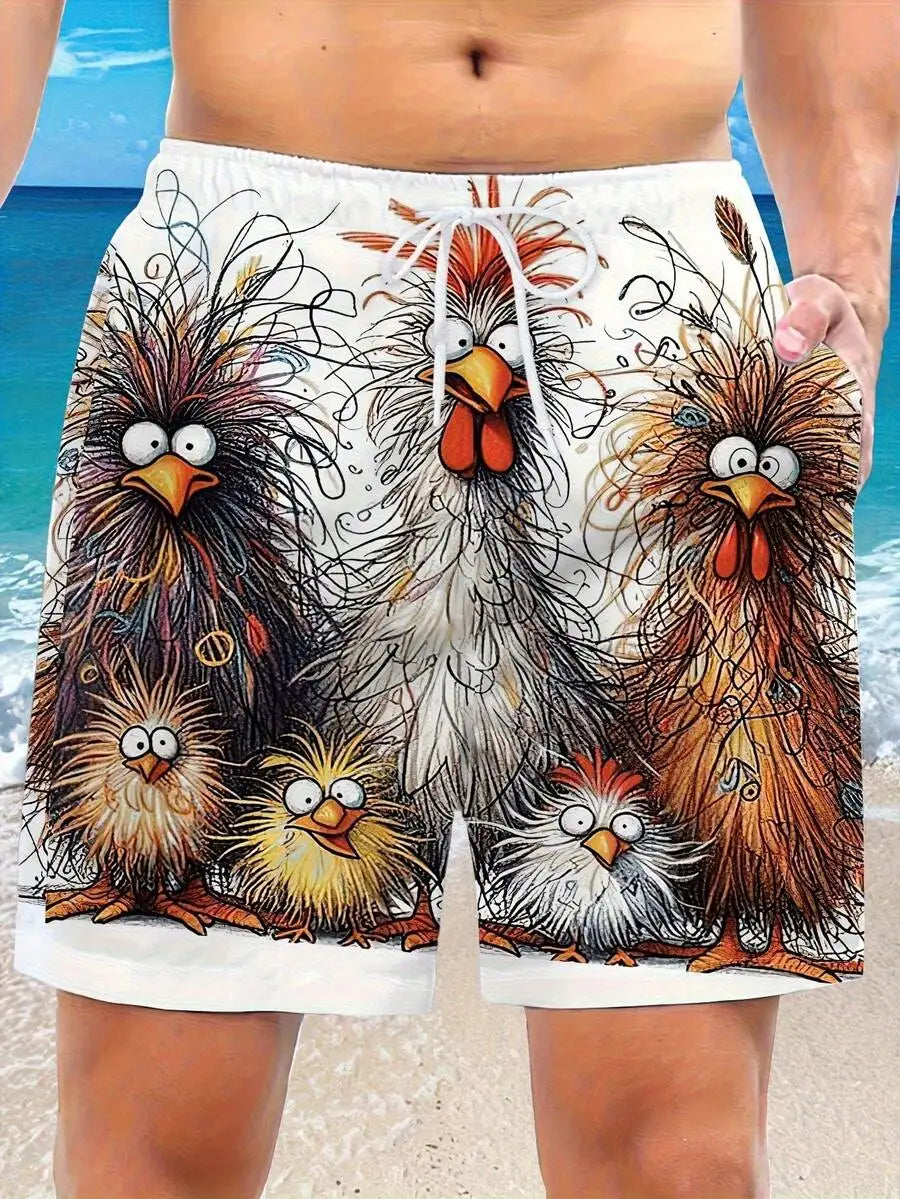 Mens Beach Shorts With Cartoon Chicken Print For Summer