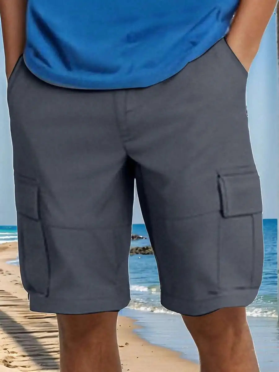 Men's Solid Color Cargo Shorts With Elastic Waist Pockets Summer