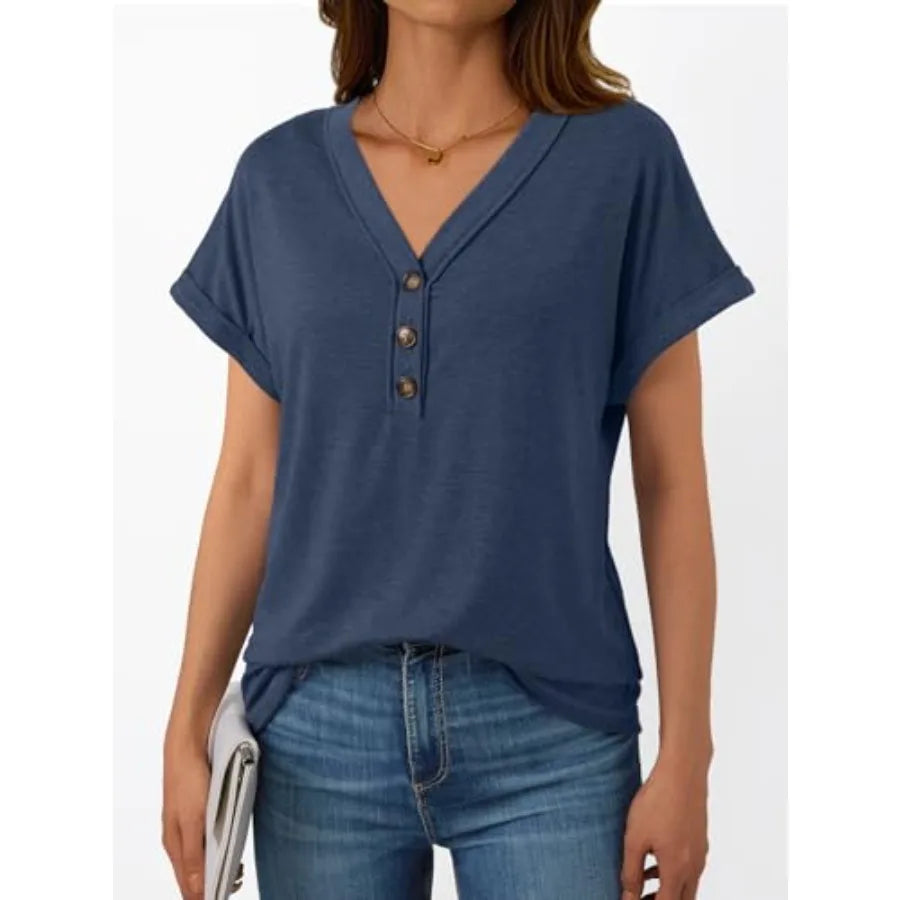 Women Short Sleeve V Neck Henley T Shirt Top Loose Fit Dressy Summer Casual