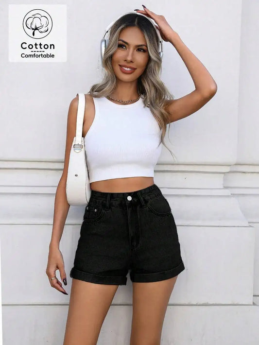 Y2K Style Casual Rolled Hem Straight Leg Denim Shorts For Women
