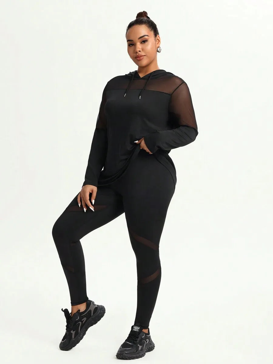 Plus Size Mesh Splice Hooded Sheer Long Sleeve Top And Leggings Activewear Set