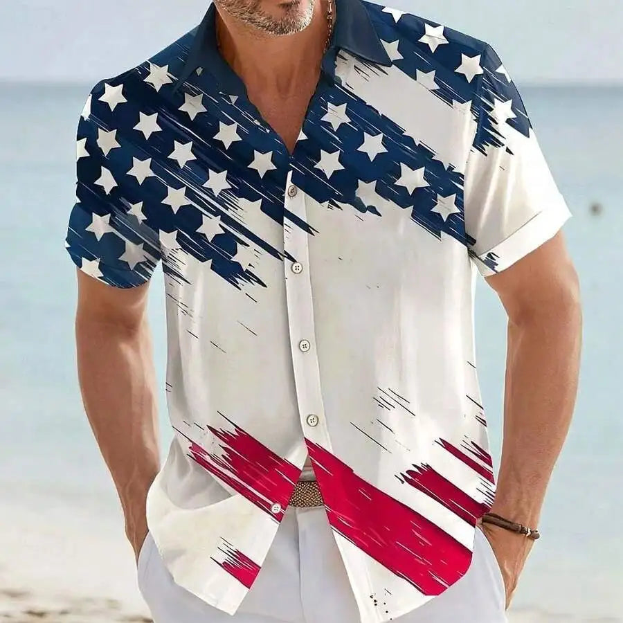 Patriotic American Flag Print Men's Short Sleeve Button Up Shirt