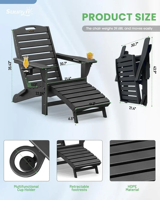 Set Of 2 Folding Adirondack Chairs HDPE With Ottoman
