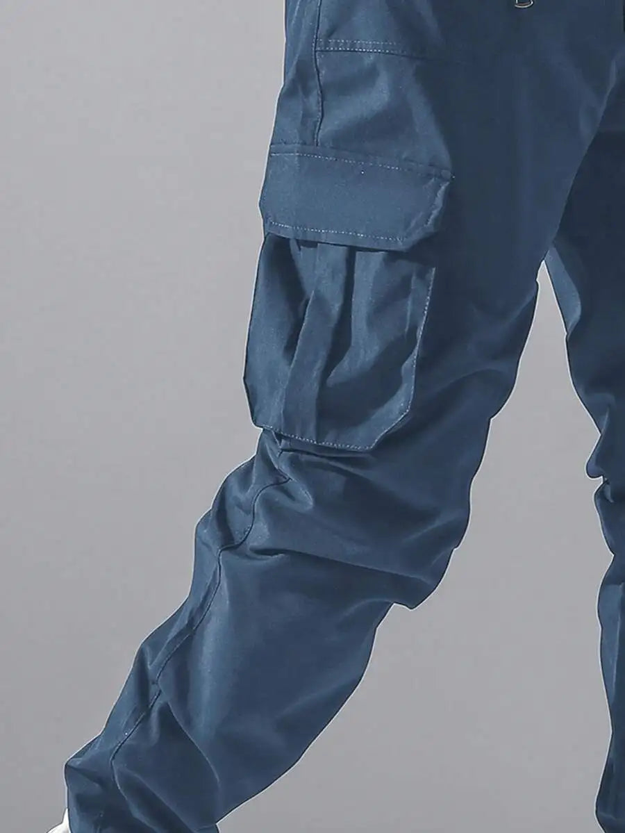 Loose Fit Mens Cargo Pants With Flap Pockets Elastic Waist