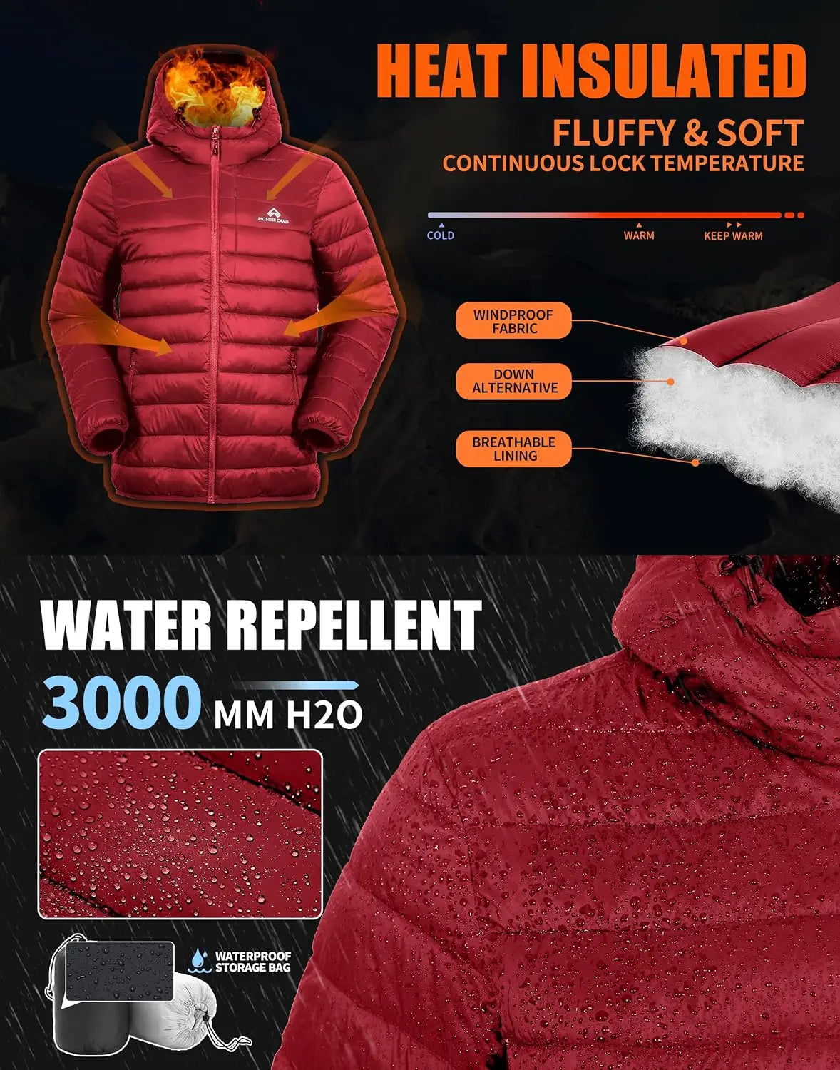 Pioneer Camp Men's Lightweight Hooded Packable Insulated Puffer Jacket for Hiking