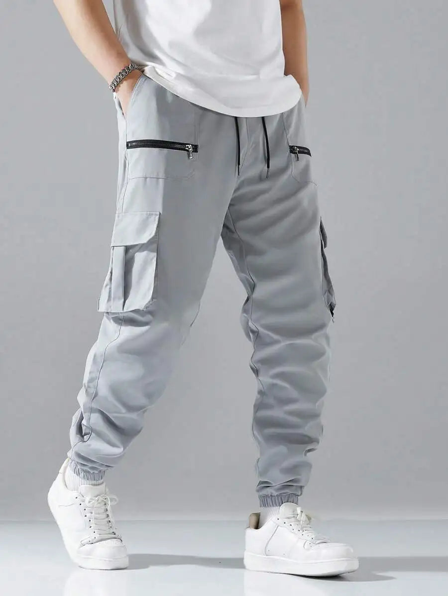 Loose Fit Mens Cargo Pants With Flap Pockets Elastic Waist