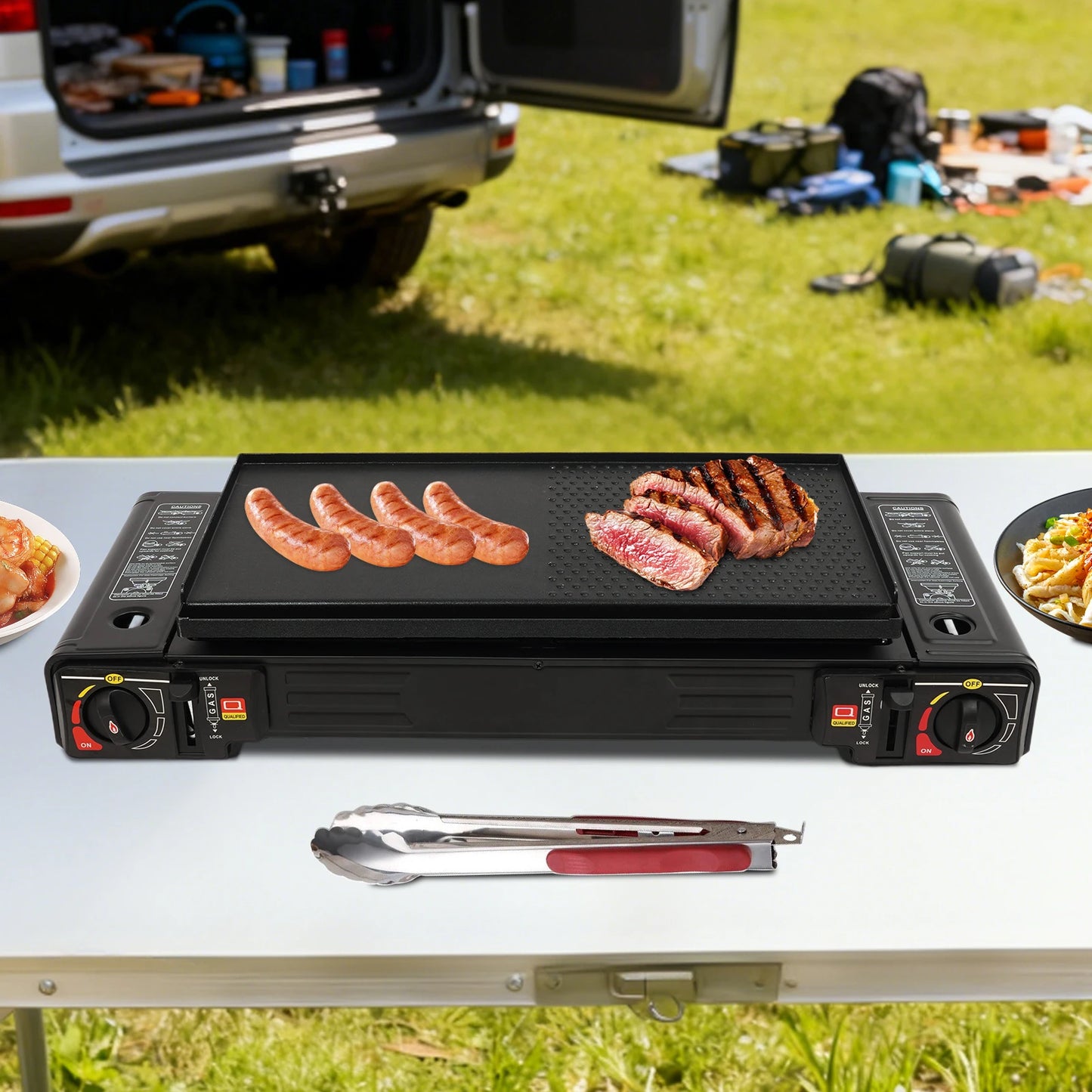 Portable Dual Fuel Camp Stove With Piezo Ignition And Non Stick Griddle