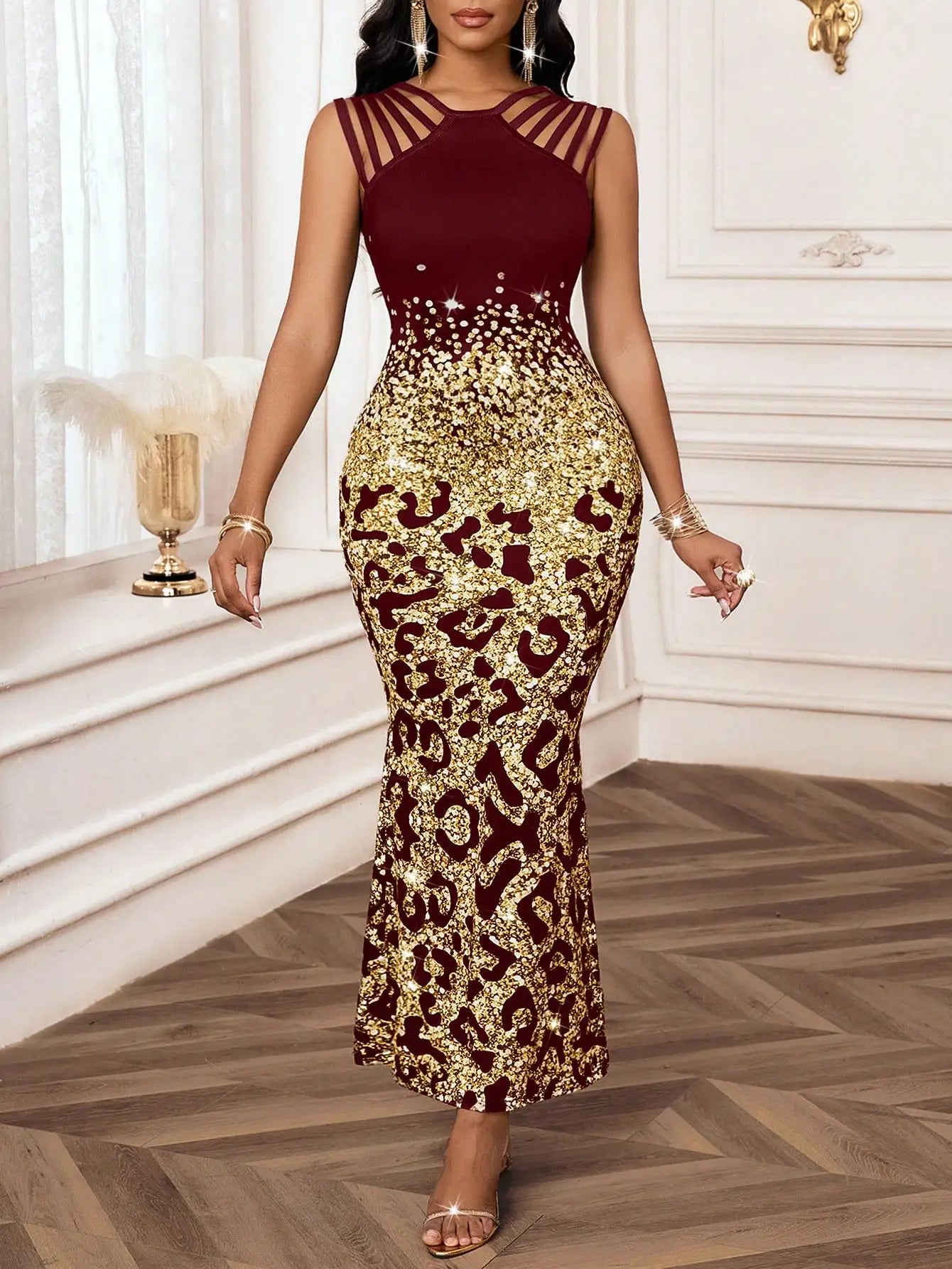 Leopard Print Fishtail Hem Evening Dress With Hollow Out Detail