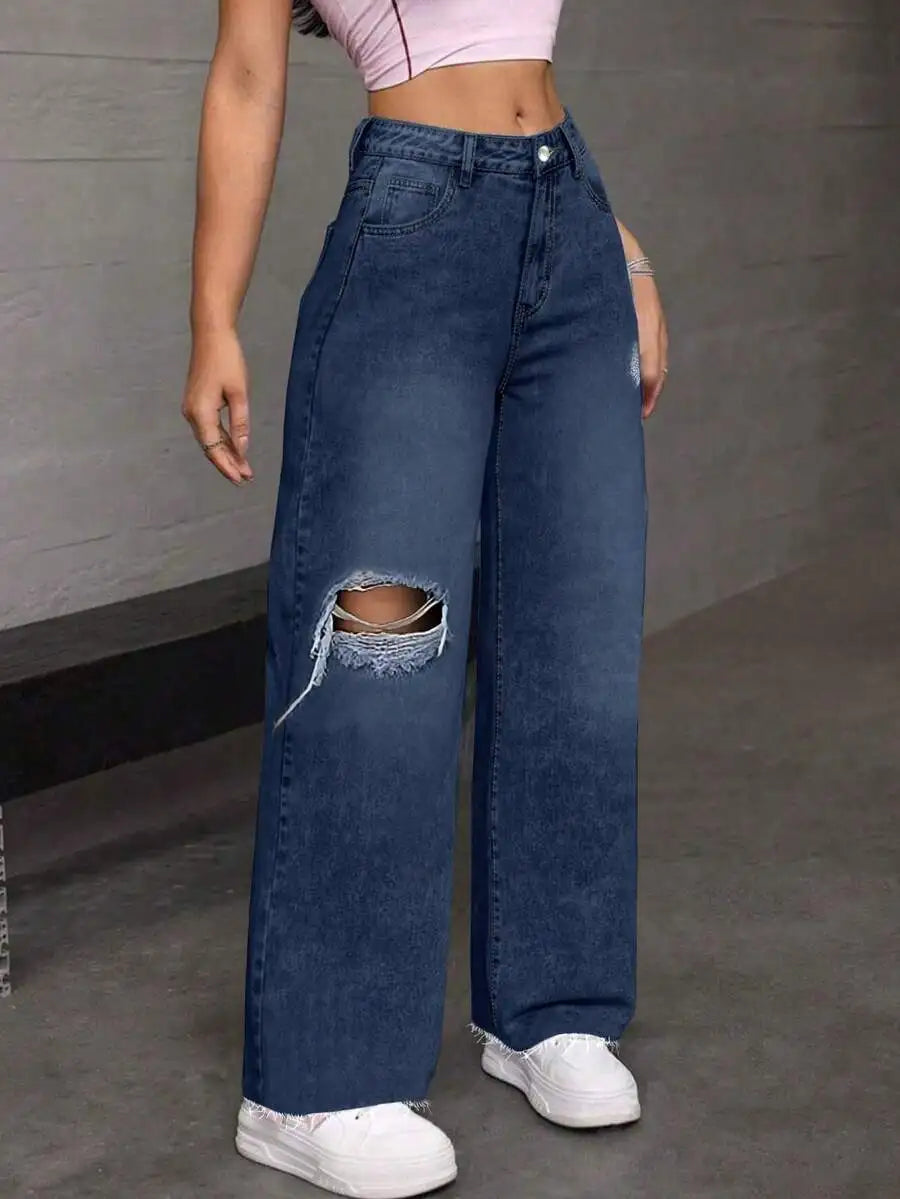 Womens High Waist Ripped Denim Jeans Straight Leg Streetwear
