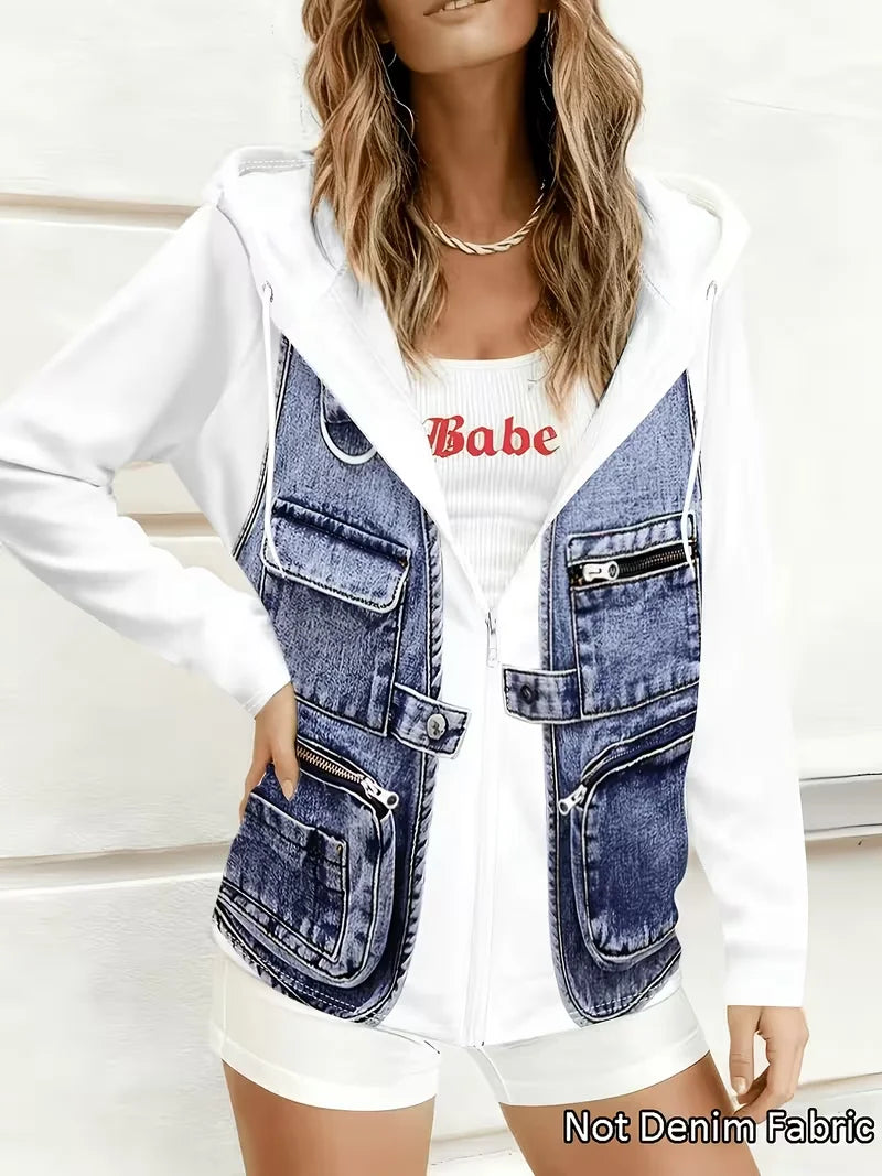 Women Hooded Denim Patchwork Jacket With Casual Zipper Front Style