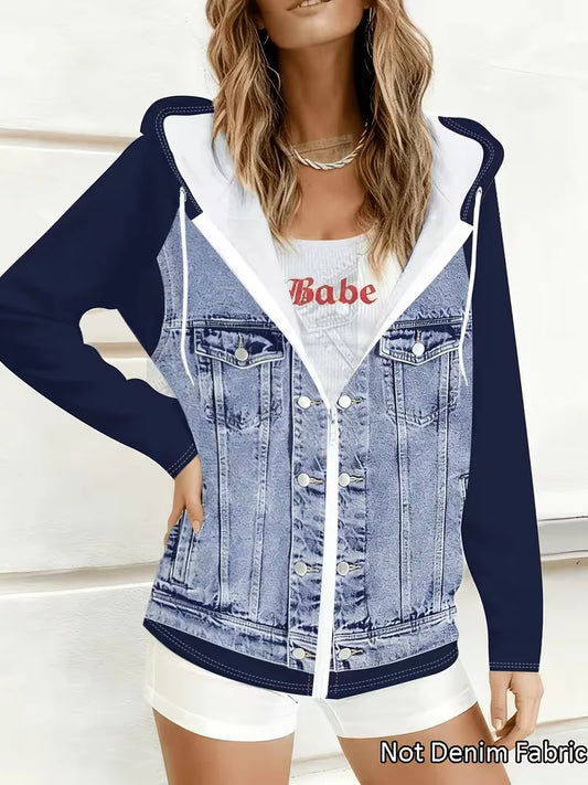 Women Hooded Faux Denim Jacket Featuring Zipper Front Design
