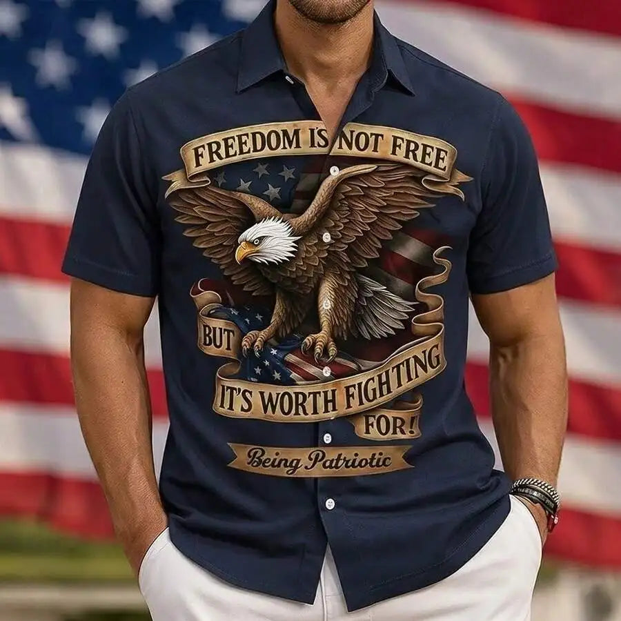 Patriotic American Flag Print Men's Short Sleeve Button Up Shirt