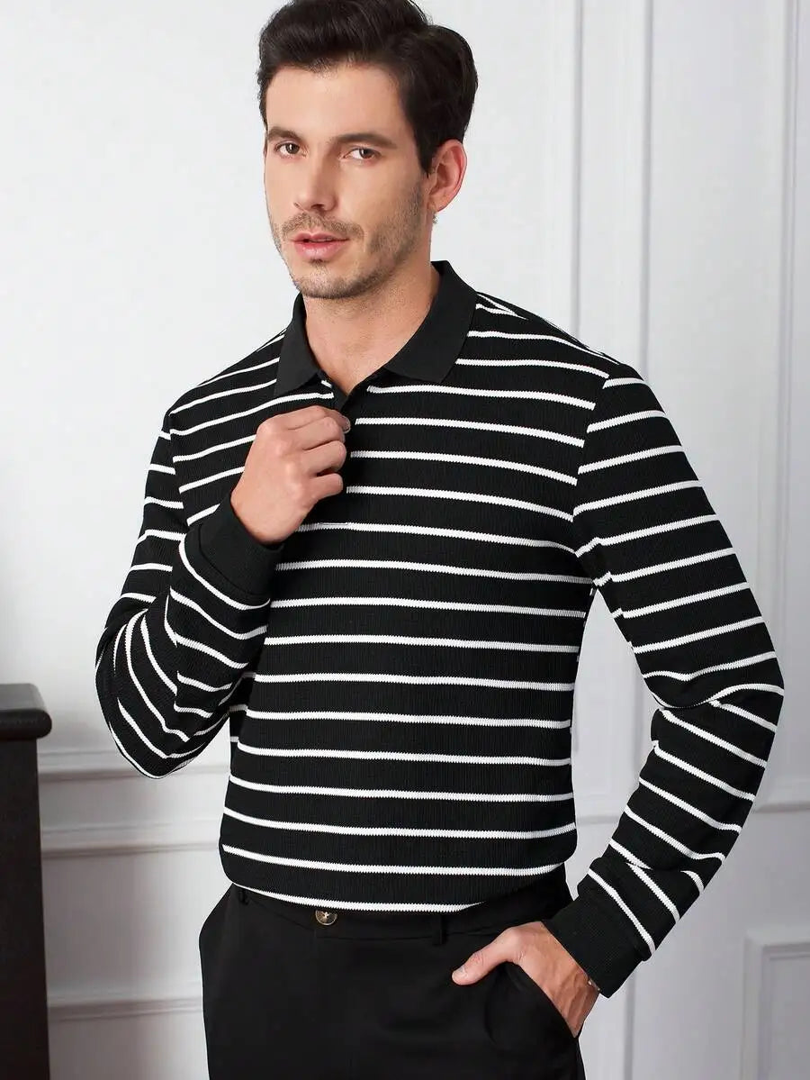 Men's Long Sleeve Textured Knit Polo Shirt - Solid White, Casual Business Wear