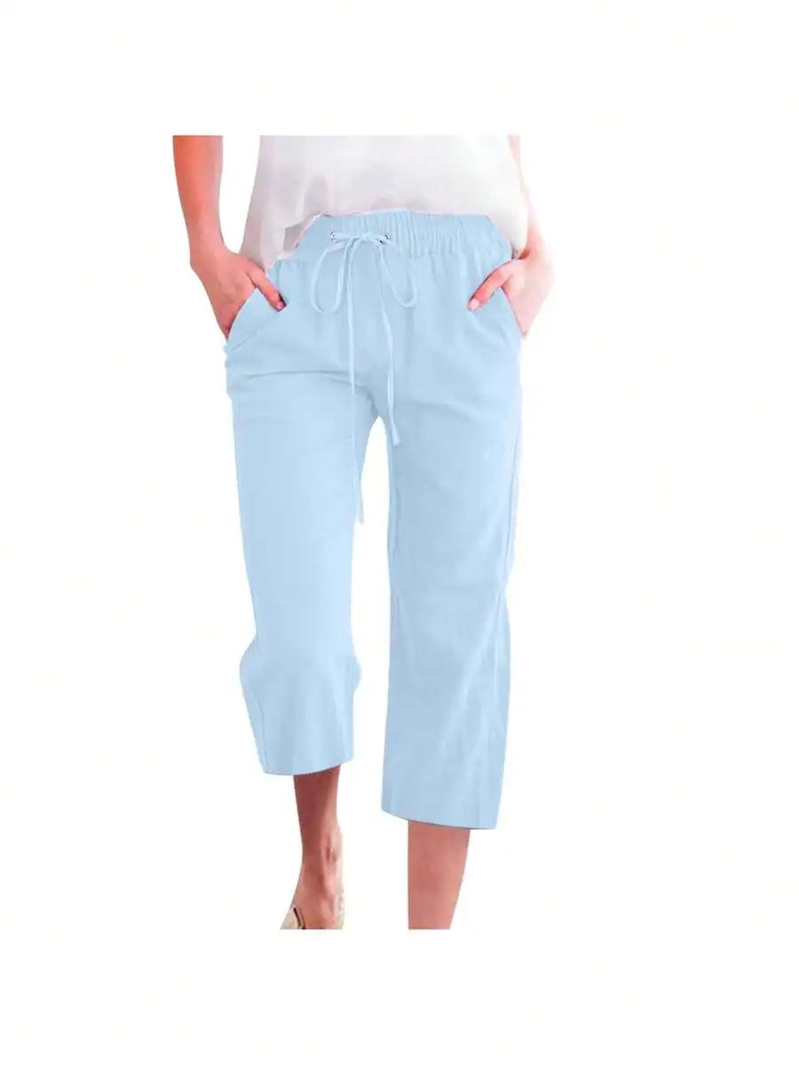 Womens Summer Elastic High Waist Linen Cotton Blend Drawstring Capris