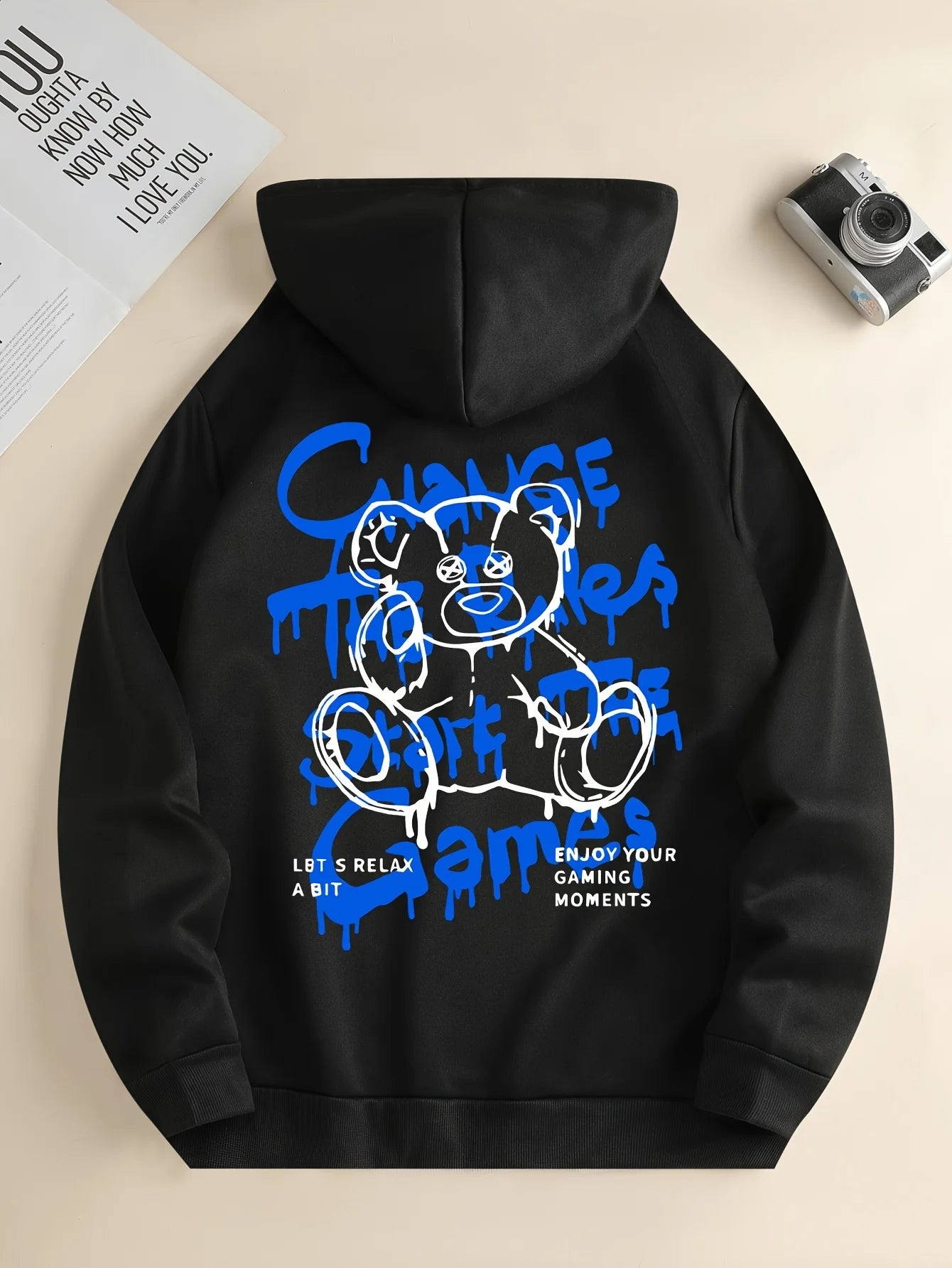 Men's Hoodie -Bold Blue Lettering, Kangaroo Pocket & Drawstring Hood - All-Season Casual Pullover for Everyday & Gaming