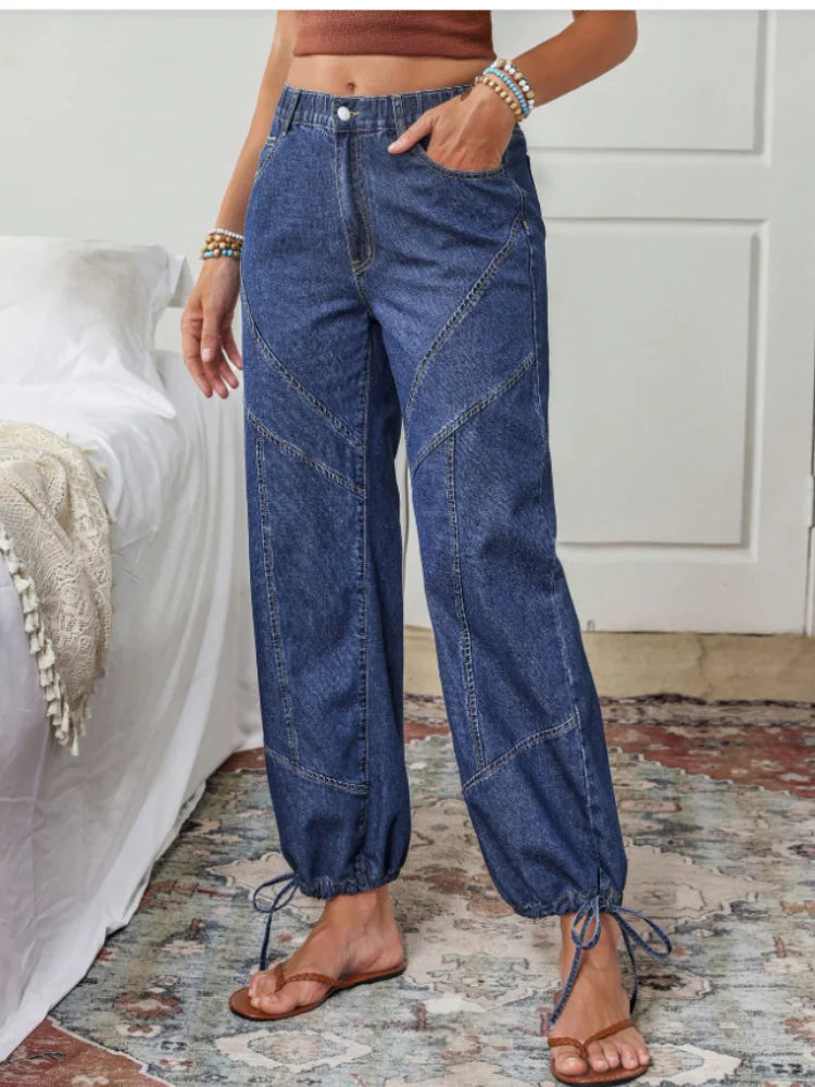 Women's High Waist Loose Fit Denim Jeans With Drawstring Cuffs