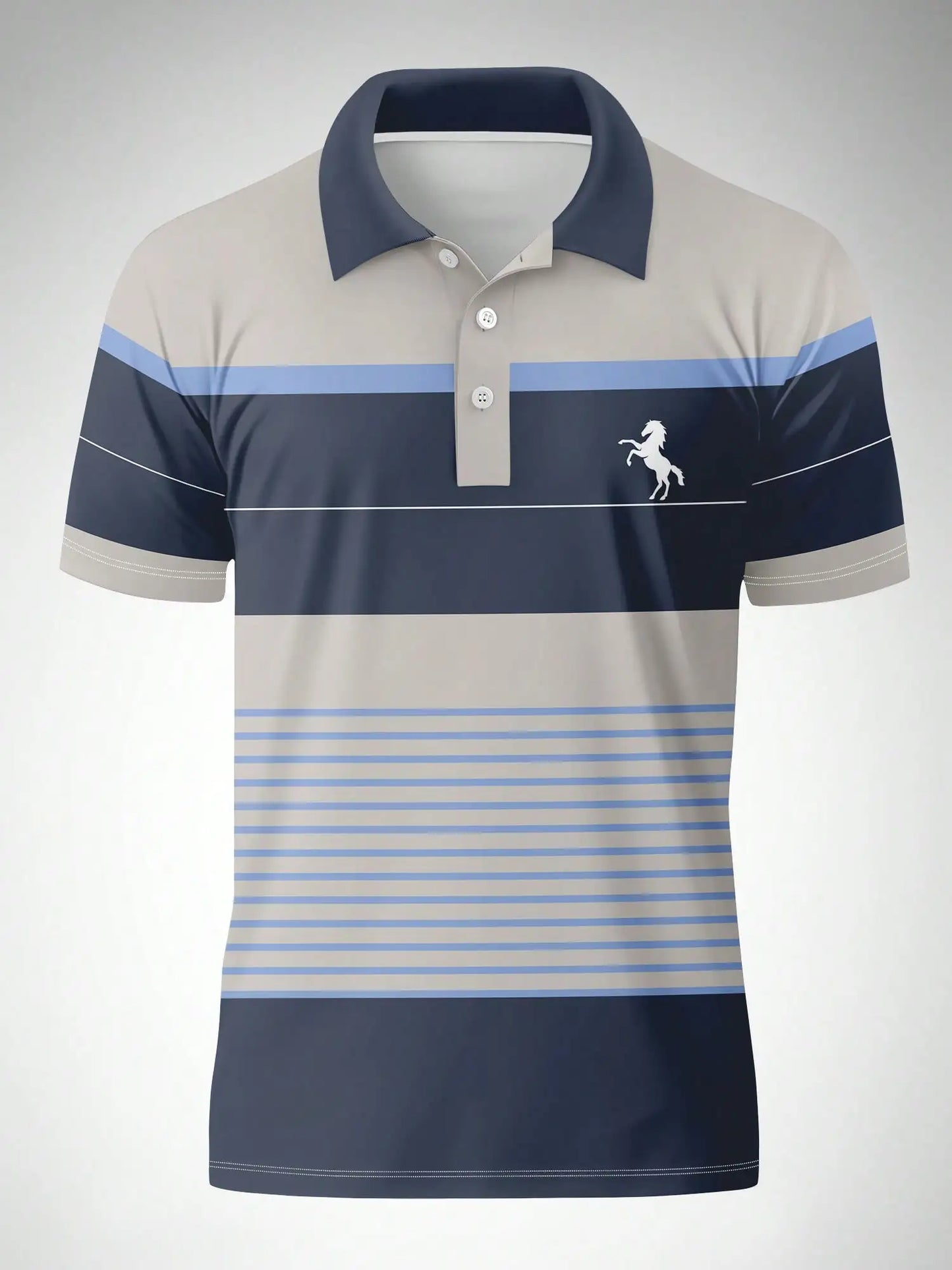 Men's Casual Striped Short Sleeve Polo Shirt with Horse Logo
