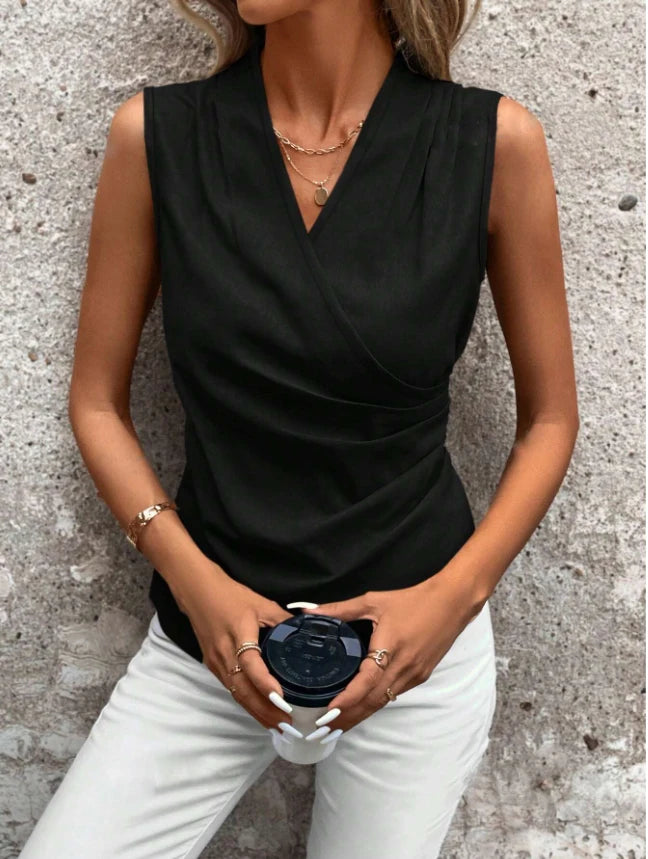 Womens Sleeveless V Neck Wrap Blouse With Ruched Asymmetric Hem