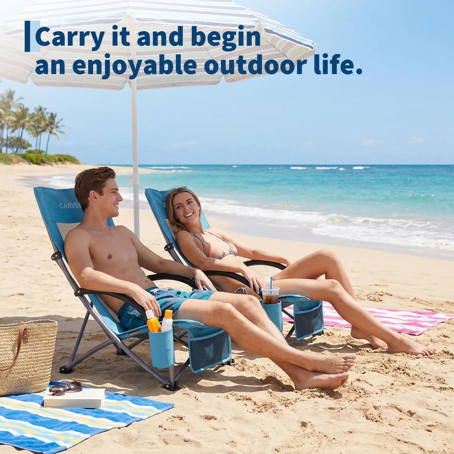 HiMISS High Back Beach Chair Folding With Cup Holder