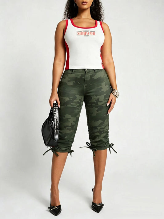 Women High Waist Camo Printed Pants With Drawstring Hem Casual Wear