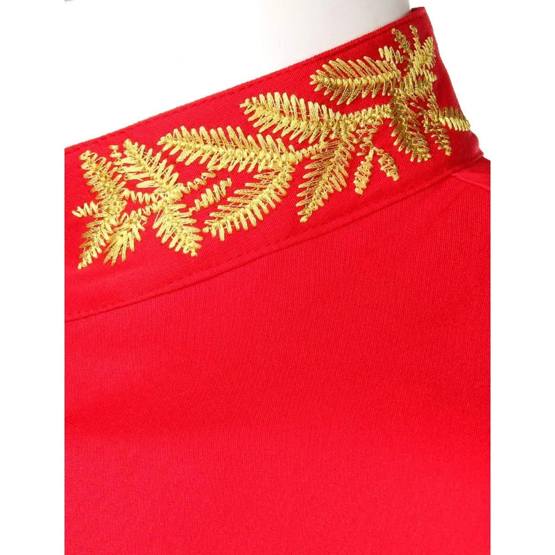 Men's Gold Embroidery Mandarin Collar Slim Fit Long Sleeve Shirt