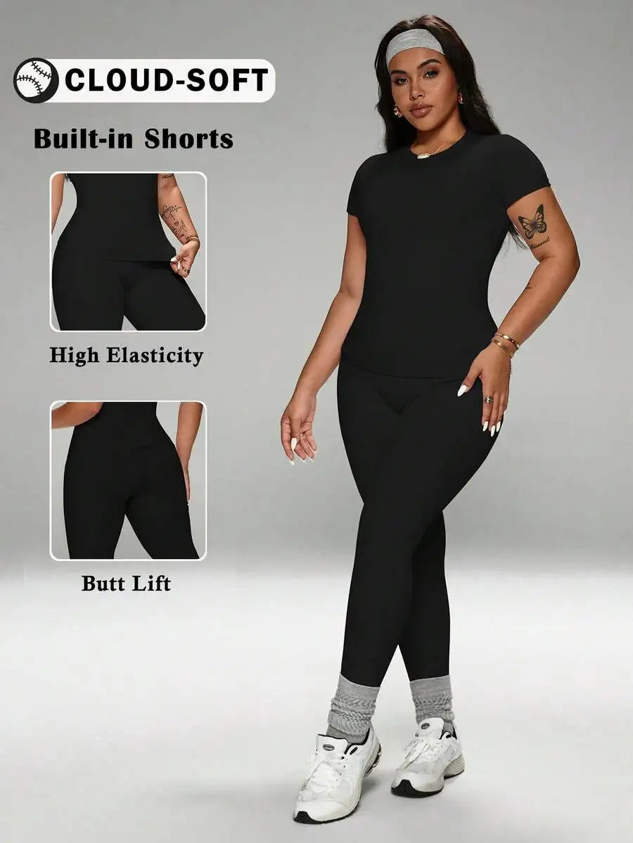 Pink 2-Piece Set Crew Neck T-Shirt High Waist Yoga Leggings Plus Size Activewear