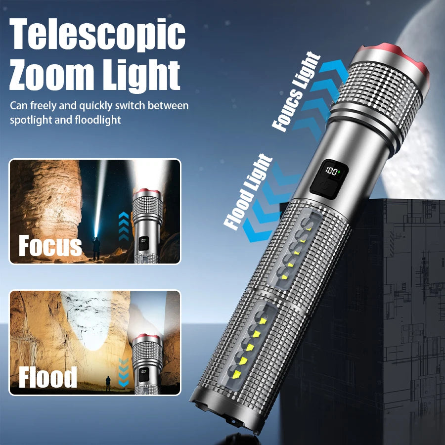 5000 MAH Powerful LED Flashlight Rechargeable Lamp Side Light Waterproof Tactical Lantern Handheld Torch Outdoor Camping Hiking