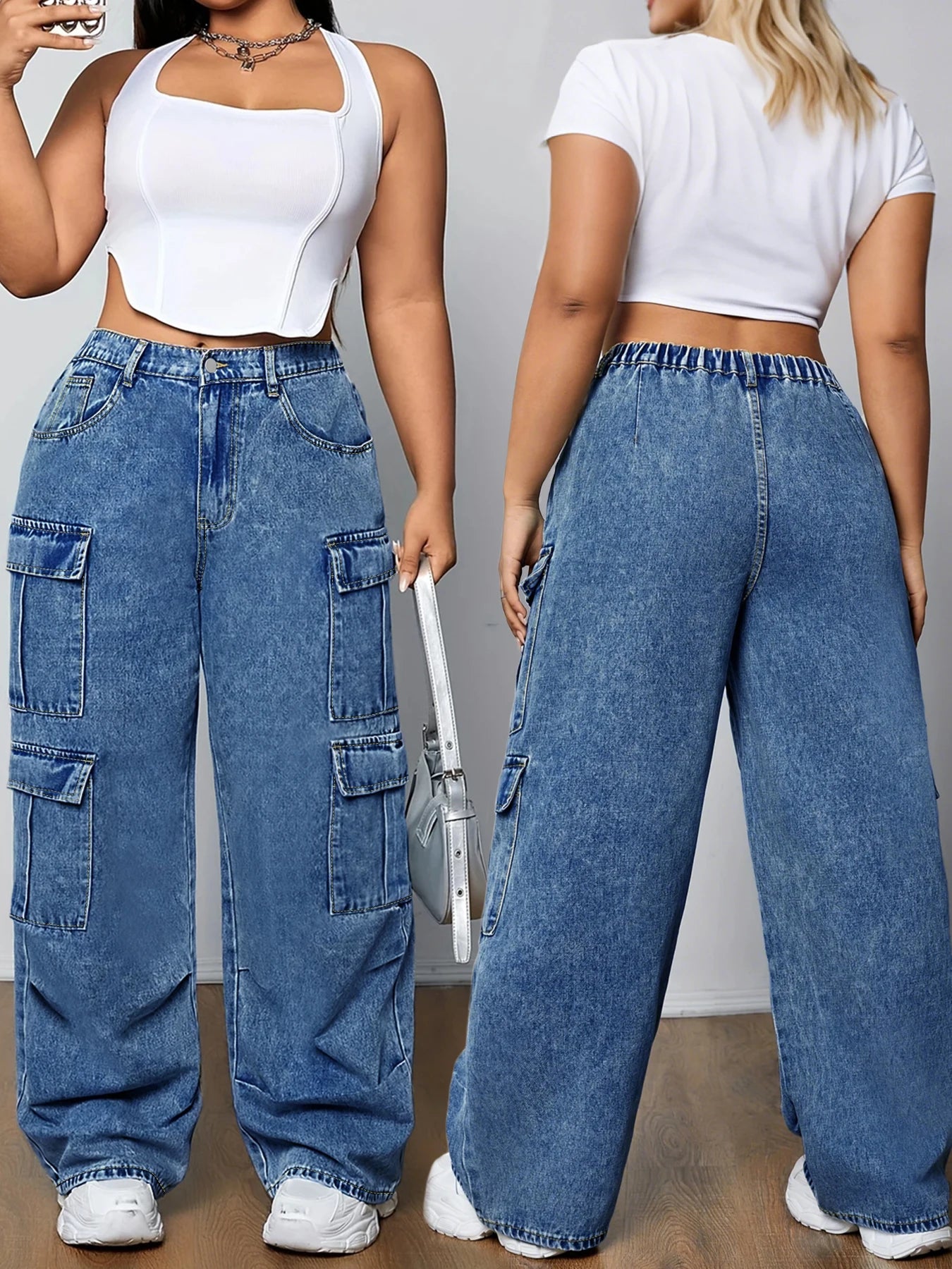 Women's Mid Rise Light Wash Cargo Wide Leg Jeans with Elastic Waist