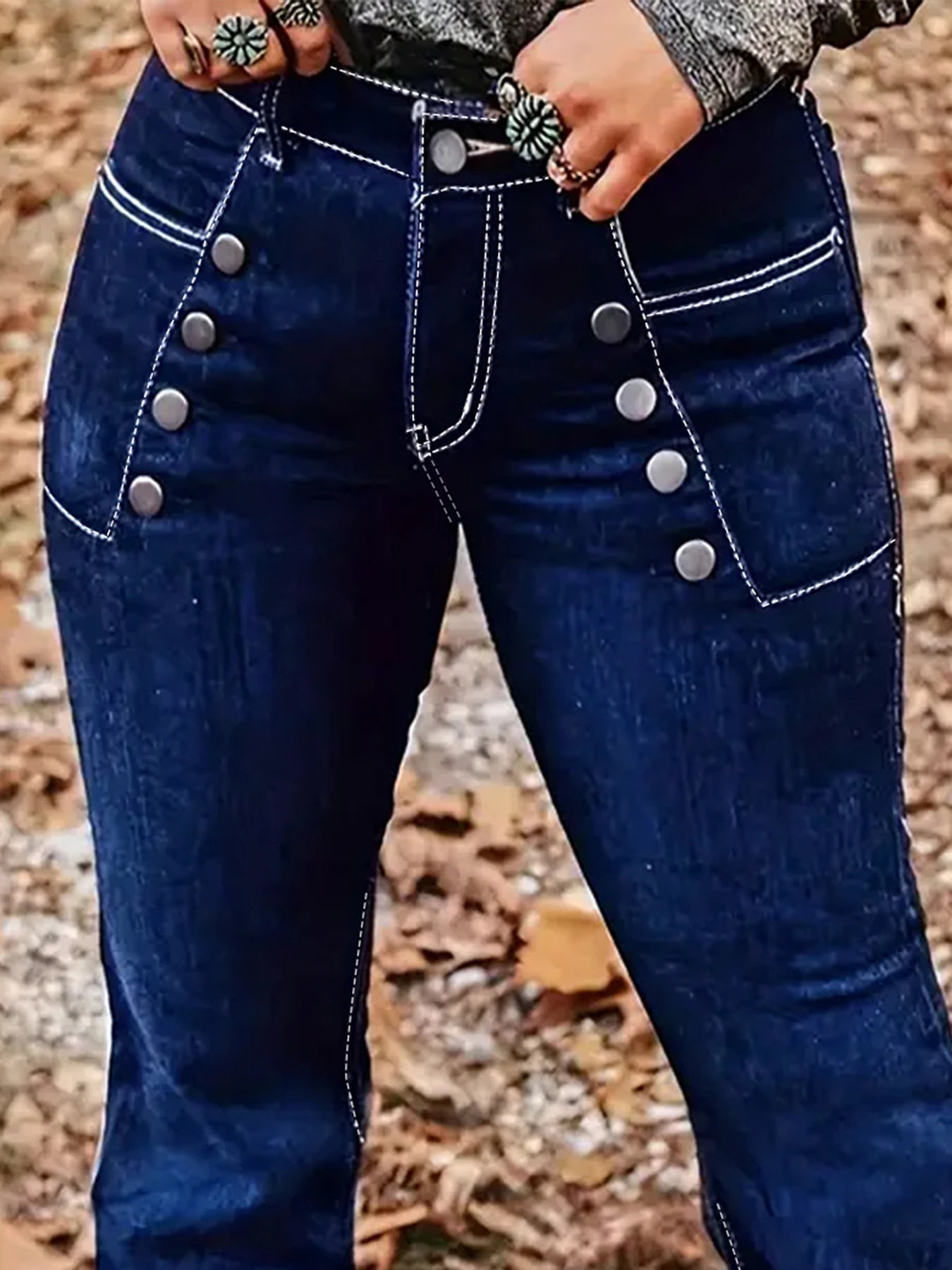 Plus Size Women's Blue Flare Jeans, Double Row Decorative Buttons, Contrast Stitching, Stretchy Denim Pants for Casual Style