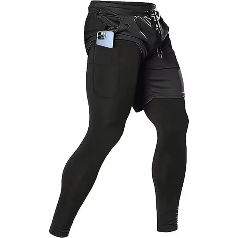 Double-deck 2 in 1Pants Men Sportswear Compression Leggings Gyms Male Trousers Casual Tracksuit Track Joggers Sweatpants Men