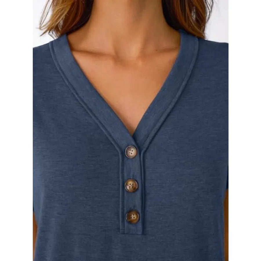 Women Short Sleeve V Neck Henley T Shirt Top Loose Fit Dressy Summer Casual