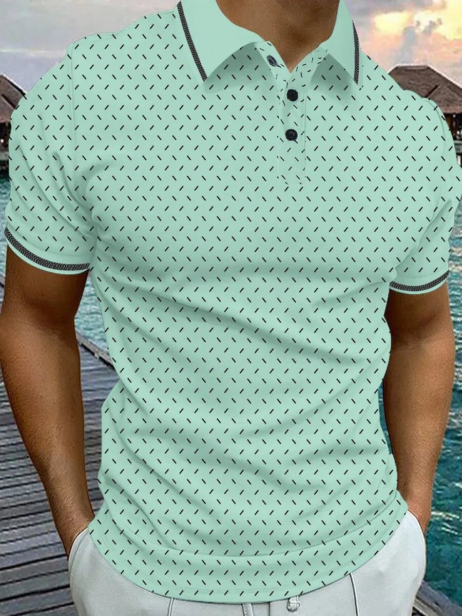 Men's White Short Sleeve Polo Shirt with Geometric Dot Pattern, Casual Workwear