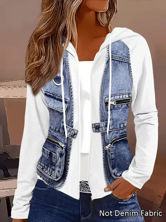 Women Hooded Denim Patchwork Jacket With Casual Zipper Front Style