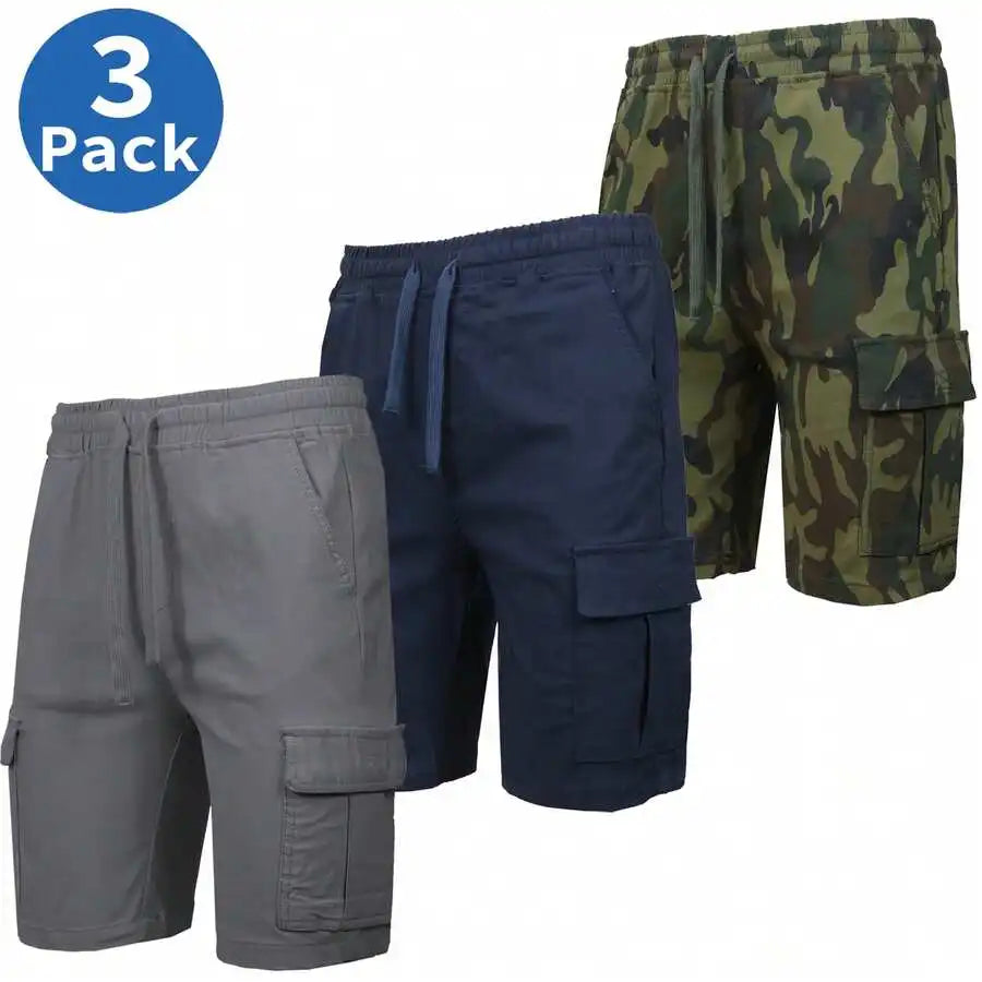 Mens Casual Cargo Shorts Elastic Waist Drawstring Cotton 3 Pack