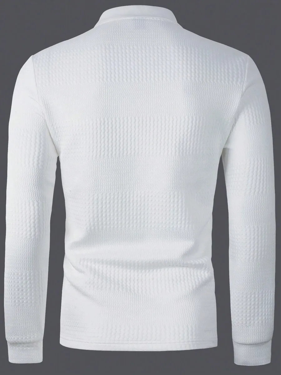 Men's Long Sleeve Textured Knit Polo Shirt - Solid White, Casual Business Wear