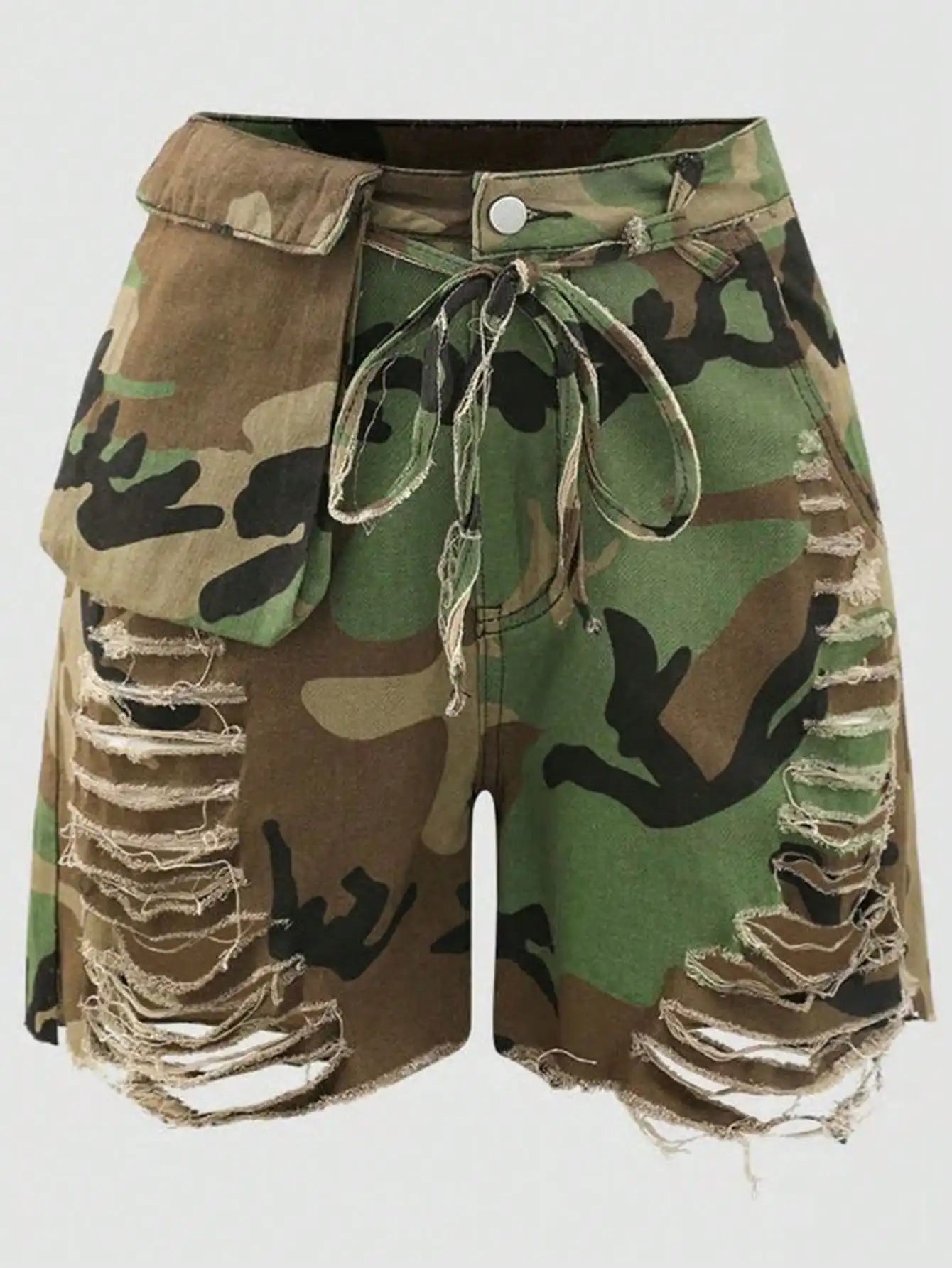 GLOURI Camo 2-Piece Summer Set With Belted High-Waisted Shorts