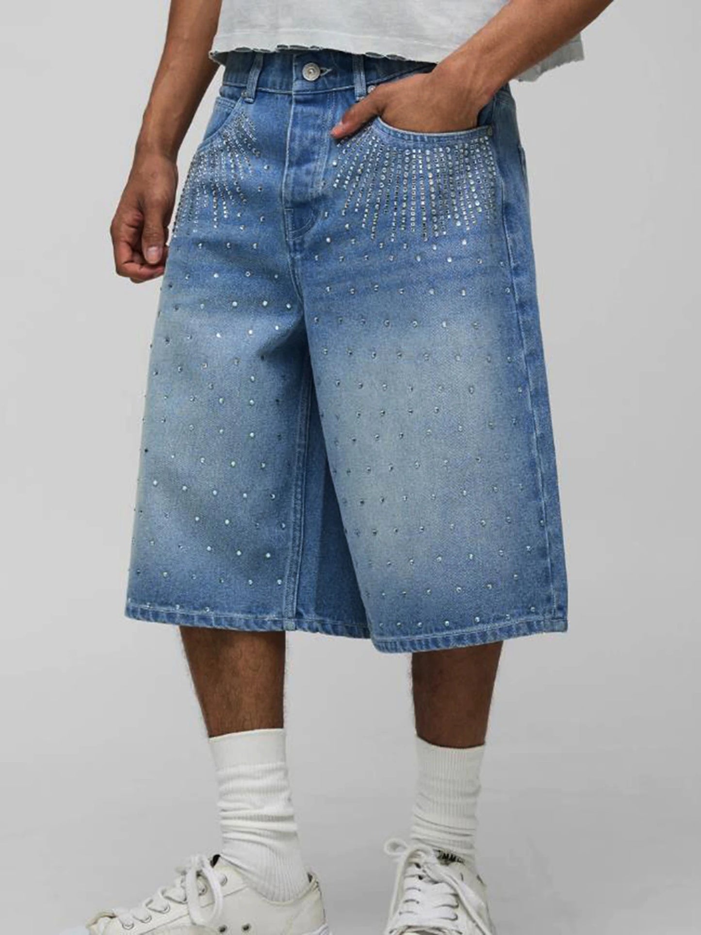 Mens Knee Length Denim Shorts With Distressed Detailing Frayed Hem