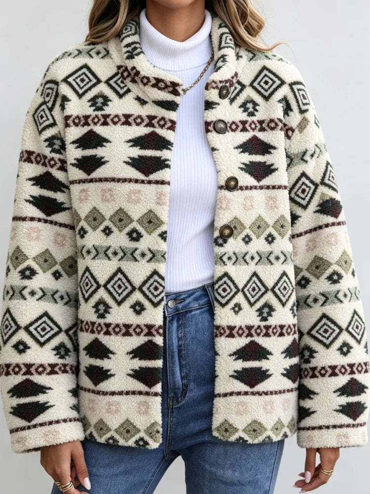 Women's Fleece Winter Jacket with Windproof Design and Button Closure