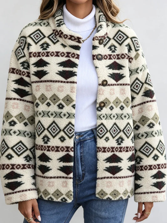 Women's Fleece Winter Jacket with Windproof Design and Button Closure