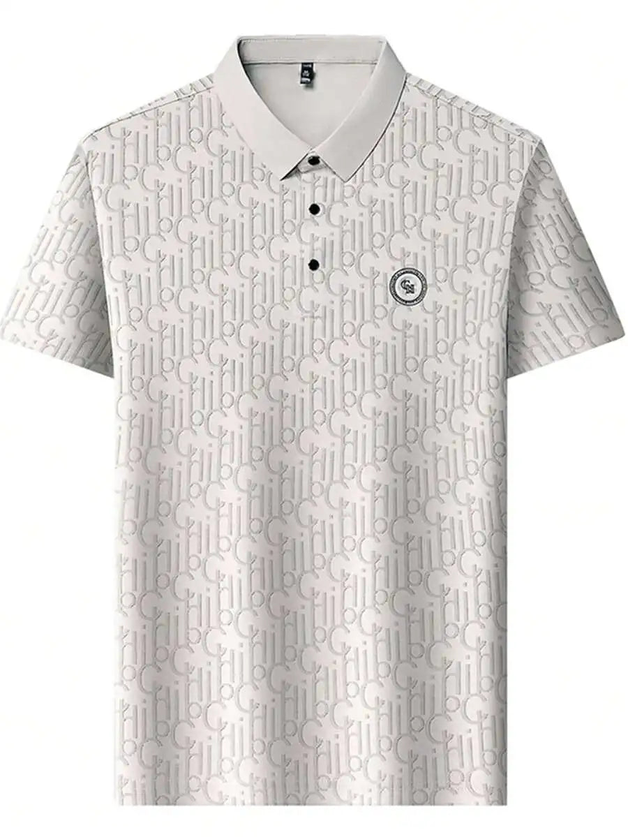 Men's Lightweight Waffle-Textured Letter Print Polo Shirt, Casual Turn-Down Collar